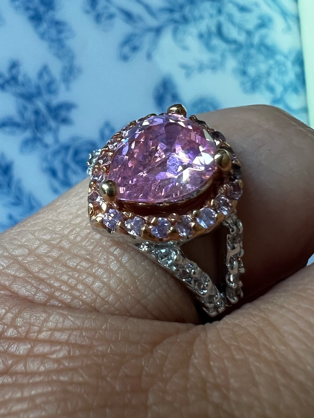 Pink Halo Gemstone Ring Two Tone Rose Gold Silver Size 6.75 #67527